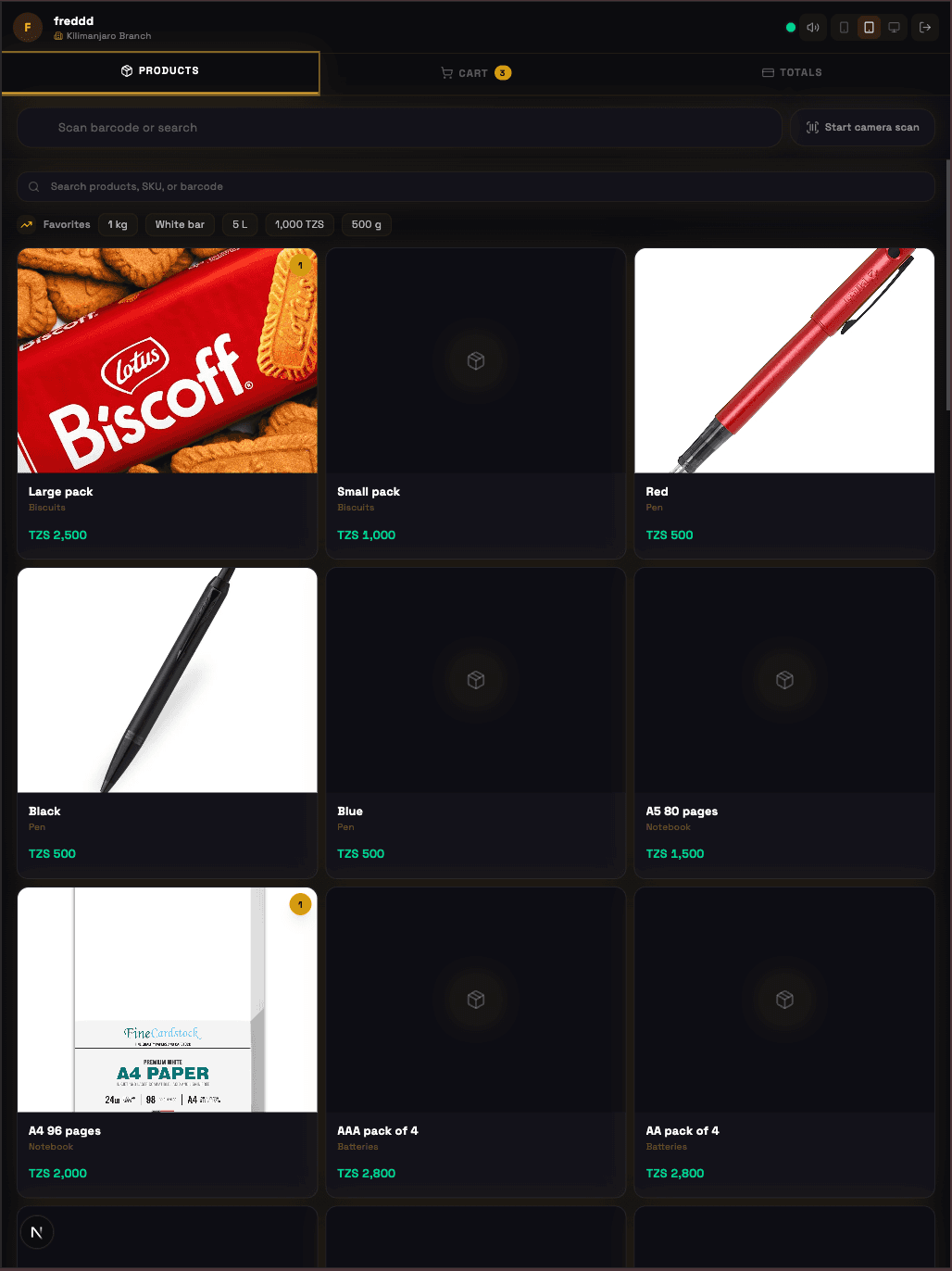 Tablet Point-of-Sale view — products grid with cart
