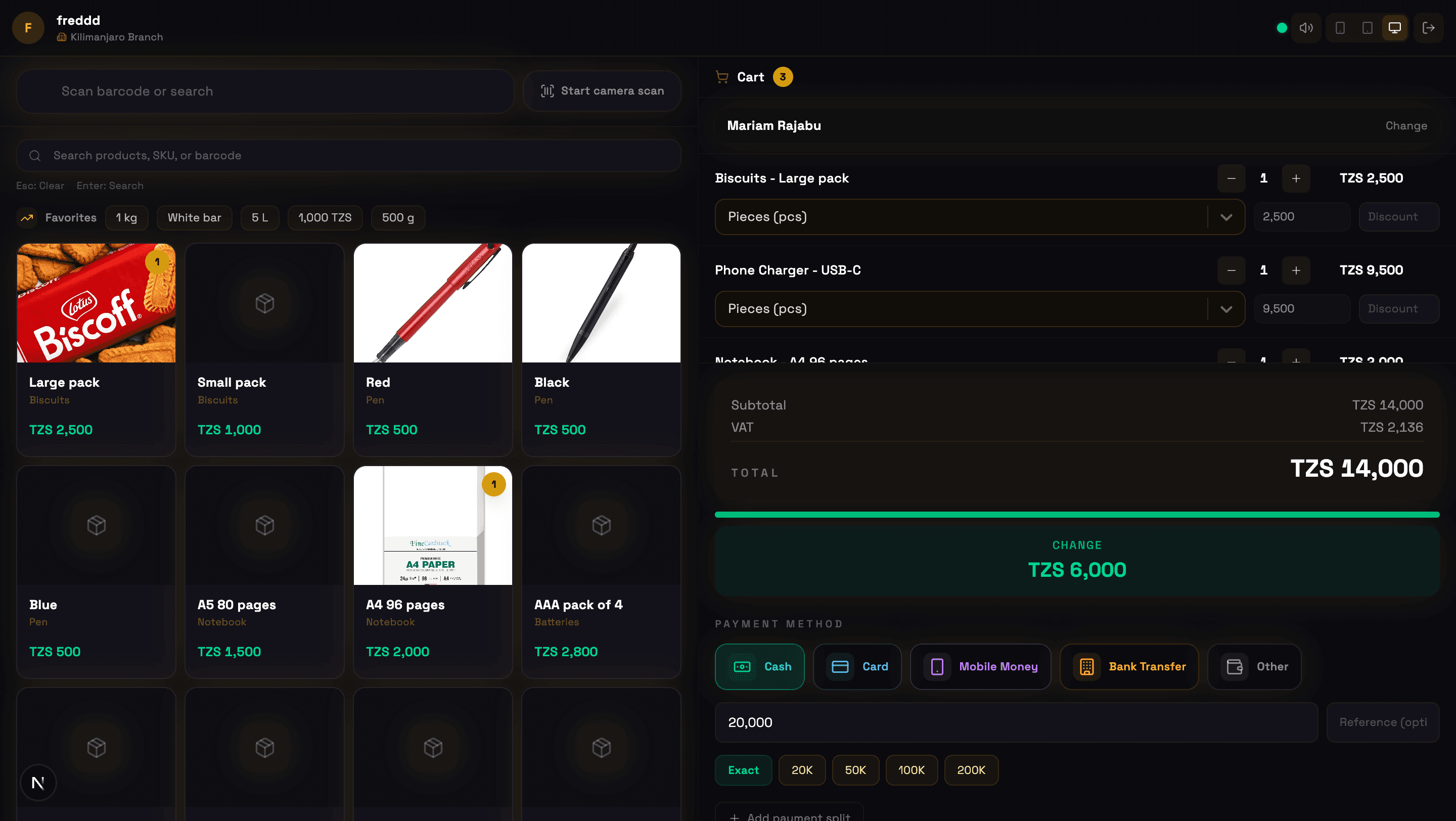 Point-of-Sale screen with items in cart and payment methods ready